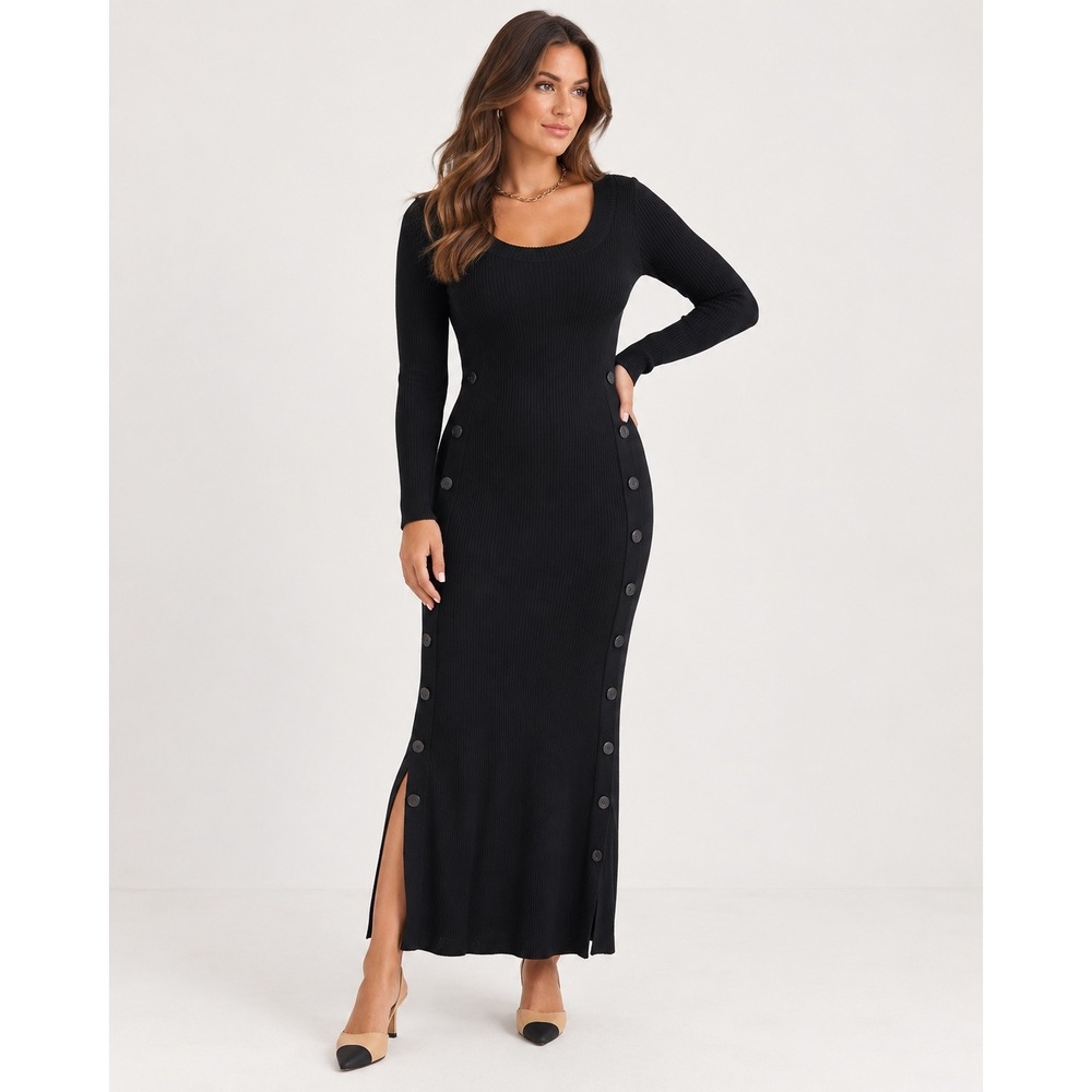 Abercrombie & Fitch Nicole Benefield Maxi Dress Small Black Ribbed Knit Button S